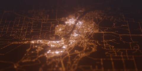 Obraz premium Street lights map of Kennewick (Washington, USA) with tilt-shift effect, view from west. Imitation of macro shot with blurred background. 3d render, selective focus