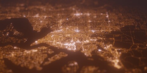 Street lights map of Tacoma (Washington, USA) with tilt-shift effect, view from west. Imitation of macro shot with blurred background. 3d render, selective focus