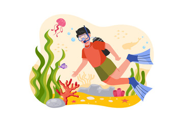 Boy enjoying scuba diving Illustration concept on white background
