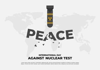 World International day against nuclear test banner poster. With flying rocket and map on white color background.