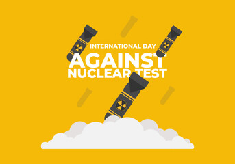 World International day against nuclear test banner poster. With flying rockets sky on yellow color background.