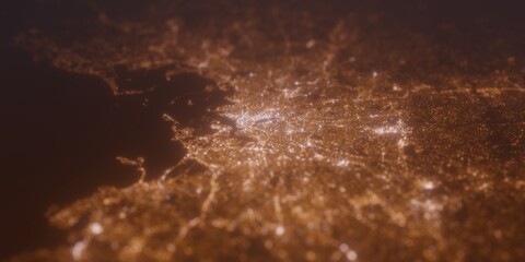 Street lights map of Boston (Massachusets, USA) with tilt-shift effect, view from north. Imitation of macro shot with blurred background. 3d render, selective focus