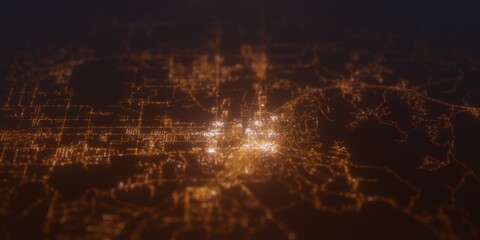 Street lights map of Helena (Montana, USA) with tilt-shift effect, view from west. Imitation of macro shot with blurred background. 3d render, selective focus