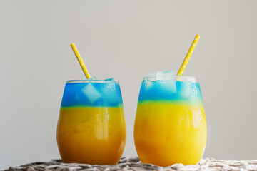Blue and yellow cocktails like the flag of Ukraine. Two patriotic cocktails, victory concept.