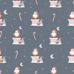 Naklejka premium Christmas seamless pattern with funny Santa Claus in chimneys, sacks with gifts, moons, candy sticks