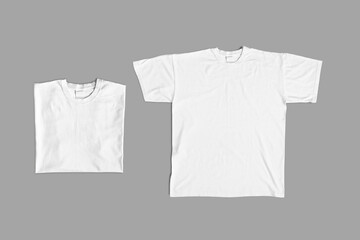 Mockups for design presentation clothing. Top of view. Unfolded and folded blank white t-shirt isolated on a grey background.3d rendering.