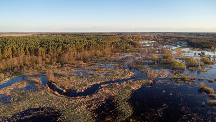 Fototapeta na wymiar Aerial landscape of flooded valley of the river