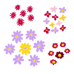 Vector abstract flowers set. Color chamomiles isolated on white background. Hand-drawn daisy. Cartoon pink petals Plant. Fresh bouquet sign. Symbol of summer, spring, nature. Cute floral illustration