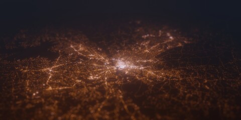 Street lights map of Columbia (South Carolina, USA) with tilt-shift effect, view from south. Imitation of macro shot with blurred background. 3d render, selective focus
