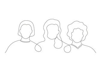 Community of women friend hug and support together, continuous one art line drawing. Sisterhood, friends, union of feminists, solidarity. Three human heads, girls team. Vector outline