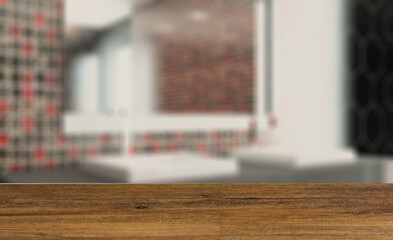 Freestanding bath with towels in grey modern bathroom. 3D render. Background with empty wooden table. Flooring.