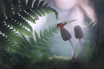 Fantasy beautiful magical fairy meadow with mushrooms and snail, in a magical fairytale enchanted...