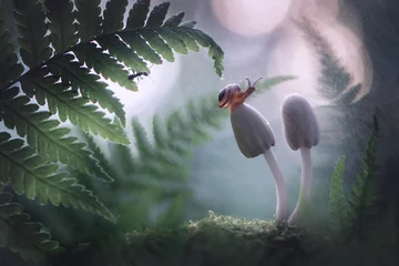 Foto op Canvas Fantasy beautiful magical fairy meadow with mushrooms and snail, in a magical fairytale enchanted forest, on a mysterious natural background,an elegant artistic exquisite image of the beauty of nature © Oleksandr