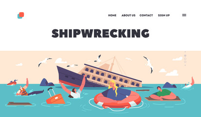 Shipwrecking Landing Page Template. People Trying to Survive in Ocean with Sinking Ship and Floating Debris on Water