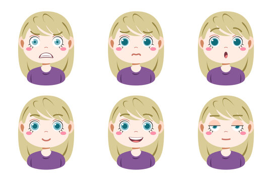 Collection of face expressions cute children cartoon character design. Different emotions girl Vector illustration. Face of smiling, crying, anger, surprise, indifferent isolated on white background.