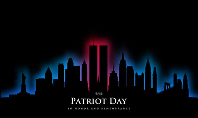 9/11 Patriot Day USA. Black New York skyline silhouette glowing red and blue neon. In honor and remembrance. Stock vector illustration.