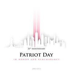 911 Patriot Day, New York skyline. NYC card design in origami style. 2 red stripes in form of twin towers. Design template for background, banner, card. 21 th Anniversary 2001-2022.