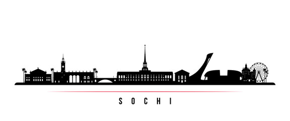 Sochi skyline horizontal banner. Black and white silhouette of Sochi, Russia. Vector template for your design.
