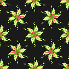 Fototapeta na wymiar Abstract floral circle ornaments seamless pattern. Red and green elements on black background. Best for textile, wallpapers, wrapping paper, package and home decoration.