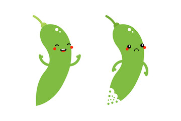 Couple of cute edamame, green soy beans cartoon style characters, happy smiling and sad with bite mark.
