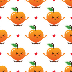 Cute relaxing, meditating peach fruit characters and hearts vector seamless pattern background.
