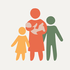 Happy Single Mom and Children. Single Parent Concept. Icon multicolored in simple figures. Symbol of single parenthood. Vector can be used as logotype