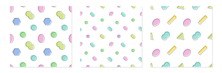 Set, collection of three vector seamless pattern backgrounds with abstract geometric shapes for 80s or 90s design. Memphis style pattern set.
