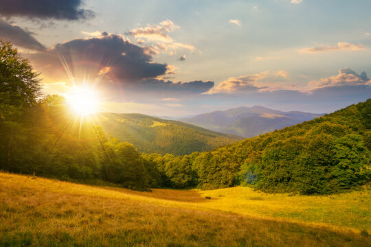 green pasture on the hillside at sunset. forested mountains in the distance in evening light. beautiful countryside landscape of transcarpathia in summer