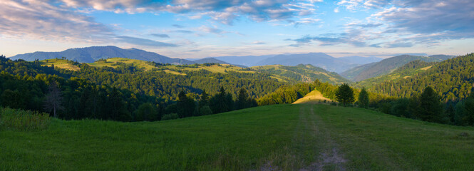 panorama of mountain landscape in summertime. countryside scenery with rural fields on the forested...