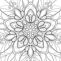 Decorative mandala with floral patterns and round shapes on a white background. For coloring book pages.