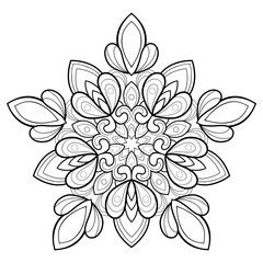 Decorative mandala with simple patterns and elements on a white isolated background. For coloring book pages.