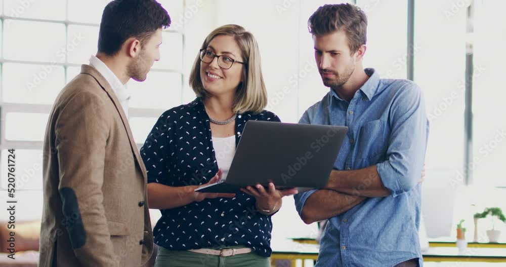 Poster a group of formal businesspeople talking together about ideas over a laptop in a modern office. fema