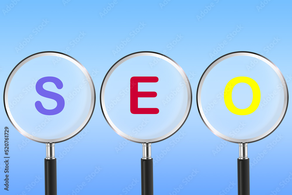 Poster magnifying glass with seo (search engine optimization) text for search engine concept. 3d rendering