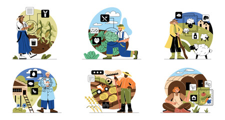 Fototapeta premium Scenes with agricultural workers. Man and woman farmers harvesting or picking crops, grazing sheep in field, and growing vegetables in greenhouse. Cartoon flat vector collection isolated on white