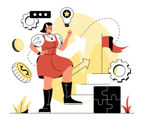 Business woman on top. Career growth, motivation, achievement of goals, better performance and optimal solutions. Girl climbs steps to flag. Talented entrepreneur. Cartoon flat vector illustration