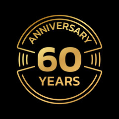 Fototapeta premium 60th Anniversary golden logo or icon. 60 years round stamp design. Birthday celebrating, jubilee circle badge or label template. Vector illustration.