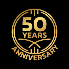 50th Anniversary golden logo or icon. 50 years round stamp design. Birthday celebrating, jubilee circle badge or label template. Vector illustration.