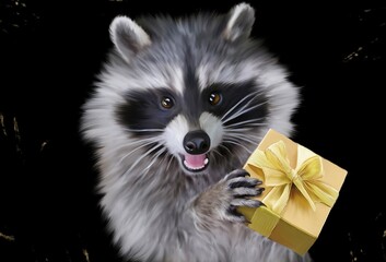 Cute raccoon holds a yellow gift box in its paws, a painted picture of an animal, digital art, drawing animal