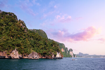 Vacation on island. Beautiful landscape with sea, boat and rocks.