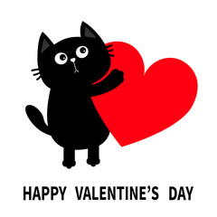 Happy Valentines Day. Cat kitten kitty holding big red heart. Cute cartoon kawaii funny animal character head face. Flat design. Love card. Sticker print. White background. Isolated.