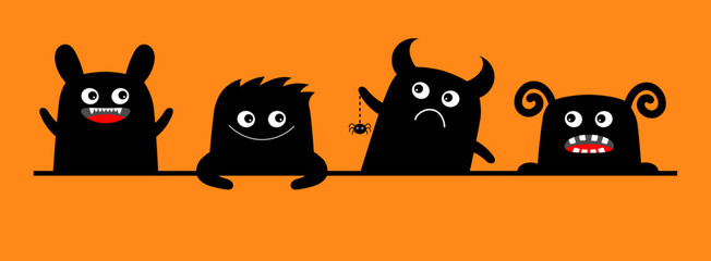 Monster icon set line. Happy Halloween. Cute cartoon kawaii baby character. Eyes teeth fang tongue fur, hands. Funny face head black silhouette. Flat design. Orange background. © worldofvector