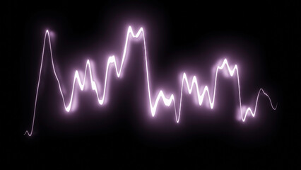 Glowing line oscillates on black background. Design. Bright neon line pulsates with musical frequency. Moving line of sound equalizer or spectrogram