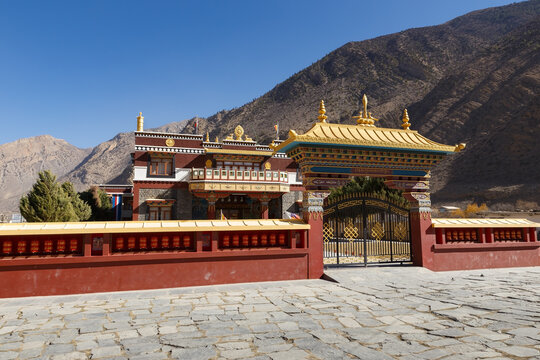 Jomsom, Nepal - November 23, 2016: Jomsom Buddhist Monastery in Himalaya mountains. Dzong Sampa. Buddhist Vihar