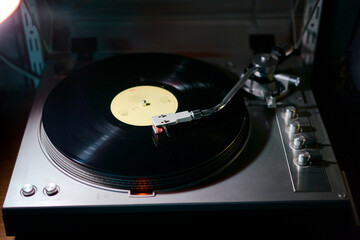 Turntable vinyl record player. Retro audio equipment for disc jockey. Sound technology for DJ to...