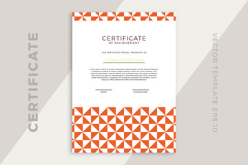 Trendy business diploma template for graduation or course completion with creative geometric pattern. Certificate of appreciation vertical mockup in modern design. Simple vector background EPS 10
