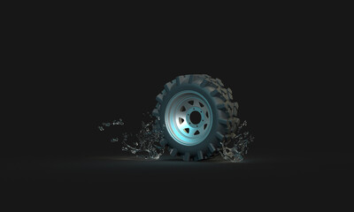 The wheel of the SUV and water splashes. 3d render on the theme of wheels, rims, car tires. Isolated view, dark background.