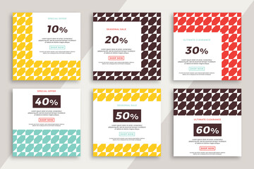 Set of square advertising web banners with trendy geometric pattern. Modern sale and discount promo creative backgrounds for social media mobile applications. Vector editable background EPS 10
