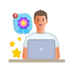 A young man is working on a laptop computer. Creative business ideas, planning of economic tasks.
 3d vector illustration. Cartoon style.