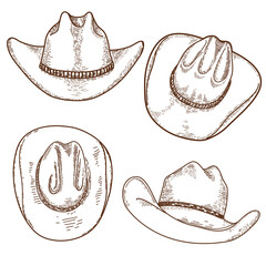 Cowboy hat. Vector hand drawn set illustration cowboy hats isolated on white background.
