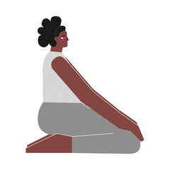 Vector isolated illustration with flat female body positive character. Strong african american woman learns seated posture Virasana at yoga class. Fitness exercise - Hero Pose
